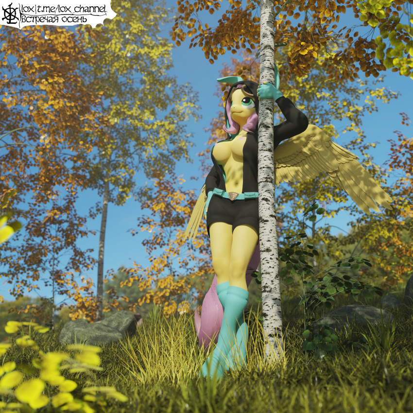1:1 2021 3d_(artwork) absurd_res anthro belt big_breasts biped birch breasts bunny_costume clothed clothing costume detailed detailed_background digital_media_(artwork) equid equine eyewear eyewear_on_head feathered_wings feathers female fingerless_gloves fingers fluttershy_(mlp) footwear forest friendship_is_magic full-length_portrait fur gloves goggles grass hair handwear hasbro hi_res horse legwear light lighting lox_(artist) mammal my_little_pony nature nipples outside pegasus pink_hair plant pony portrait presenting presenting_breasts russian_text sky smaller_version_at_source smile socks solo standing text topwear translated tree url watermark wings yellow_body yellow_feathers