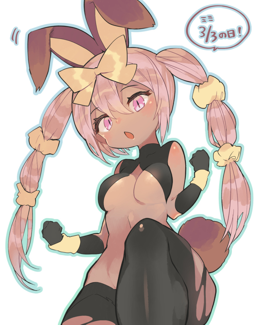 2020 animal_humanoid belly blush breasts brown_body brown_skin female fist hair hi_res humanoid japanese_text lagomorph lagomorph_humanoid leporid_humanoid long_hair looking_at_viewer mammal mammal_humanoid medium_breasts mega_evolution mega_lopunny navel nintendo open_mouth pink_eyes pink_hair pok&eacute;mon pok&eacute;mon_(species) rabbit_humanoid sakutake simple_background solo text under_boob video_games white_background yellow_bow