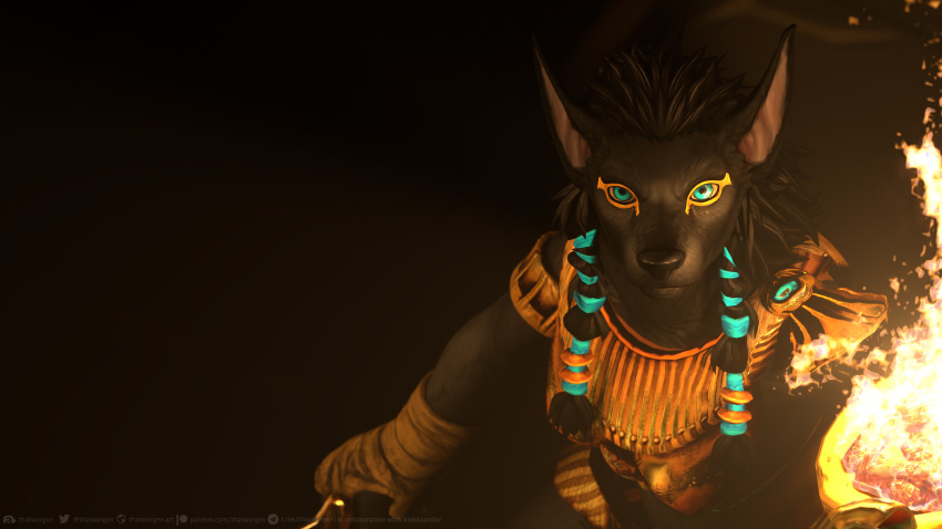 16:9 2021 3d_(artwork) 3dsmax 4k absurd_res accessory alekksandar anthro anubian_jackal anubis black_body black_fur black_nose blizzard_entertainment blue_eyes canid canine canis clothed clothing conditional_dnp deity digital_media_(artwork) egyptian_clothing egyptian_mythology eyeliner female fire fur gold_(metal) hair_accessory hand_wraps hi_res holding_object holding_weapon hybrid inside jackal khopesh looking_at_viewer makeup mammal melee_weapon middle_eastern_mythology mythology solo sword text thatworgen topwear url video_games warcraft watermark weapon were werecanid widescreen worgen wraps