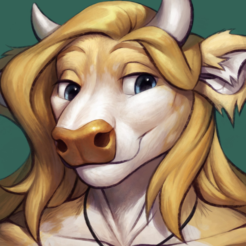 1:1 ambiguous_gender anthro blonde_hair bovid bovine brown_body brown_fur brown_nose cattle eracin female_(lore) fur green_background hair headshot_portrait hi_res horn jewelry jinash_(character) long_hair looking_sideways mammal necklace portrait simple_background smile solo