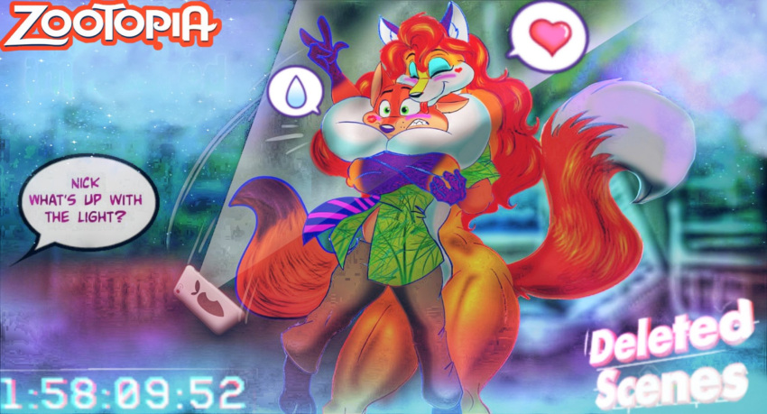 &lt;3 aurora_spencer big_breasts blush breasts canid canine clothed clothed/nude clothed_male_nude_female clothing disney duo english_text female fox fully_clothed hair hi_res hug kiss_mark larger_female licking male mammal muscular muscular_female necktie nick_wilde nude phone red_fox red_hair size_difference smaller_male superbabsy123 text thick_thighs tongue tongue_out zootopia