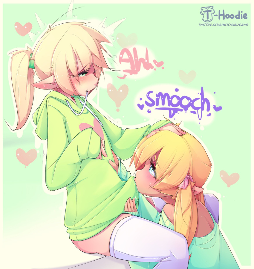 &lt;3 artist_name blonde_hair border bottomless brown_body brown_skin butt clothed clothing clothing_in_mouth cowlick duo elf emanata eyelashes female genitals girly green_background green_eyes hair hand_on_head hand_on_stomach hi_res hoodie hoodie_(artist) humanoid humanoid_pointy_ears kissing legwear long_hair looking_at_another male male/female male_(lore) max_(hoodie) not_furry off_shoulder penis penis_kissing pigtails ponytail simple_background sitting sophie_(hoodie) sound_effects sweater text thigh_highs through_clothing topwear url white_body white_border white_skin
