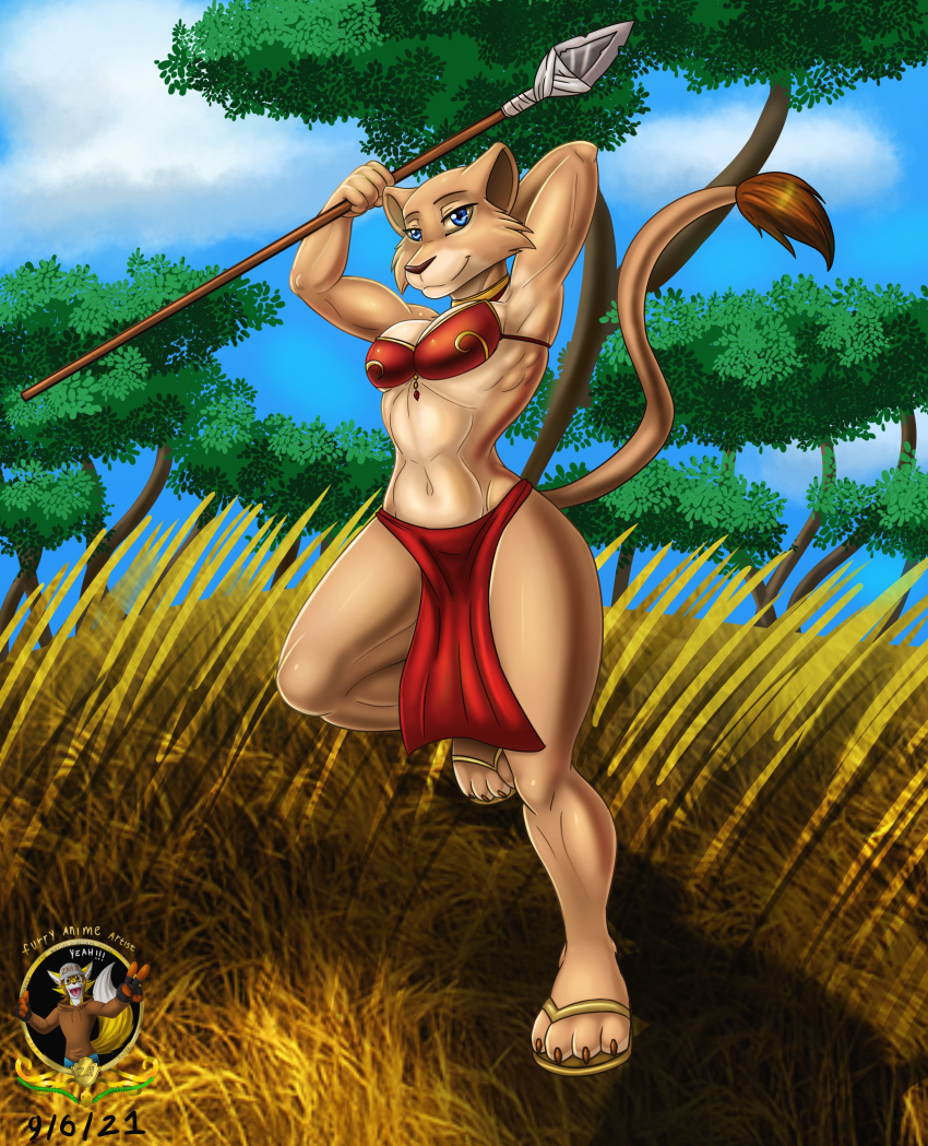 2021 4_toes 5_fingers absurd_res anthro anthrofied athletic athletic_anthro athletic_female blue_eyes bottomwear bra breasts claws cleavage clothed clothing digital_media_(artwork) disney feet felid female fingers footwear fur hand_behind_head hi_res hindpaw holding_object holding_spear holding_weapon humanoid_hands lion loincloth looking_at_viewer mammal melee_weapon nala navel outside pantherine paws polearm sandals signature smile solo spear tail_tuft tan_body tan_fur the_lion_king toe_claws toes tribal tuft underwear weapon zahnholley