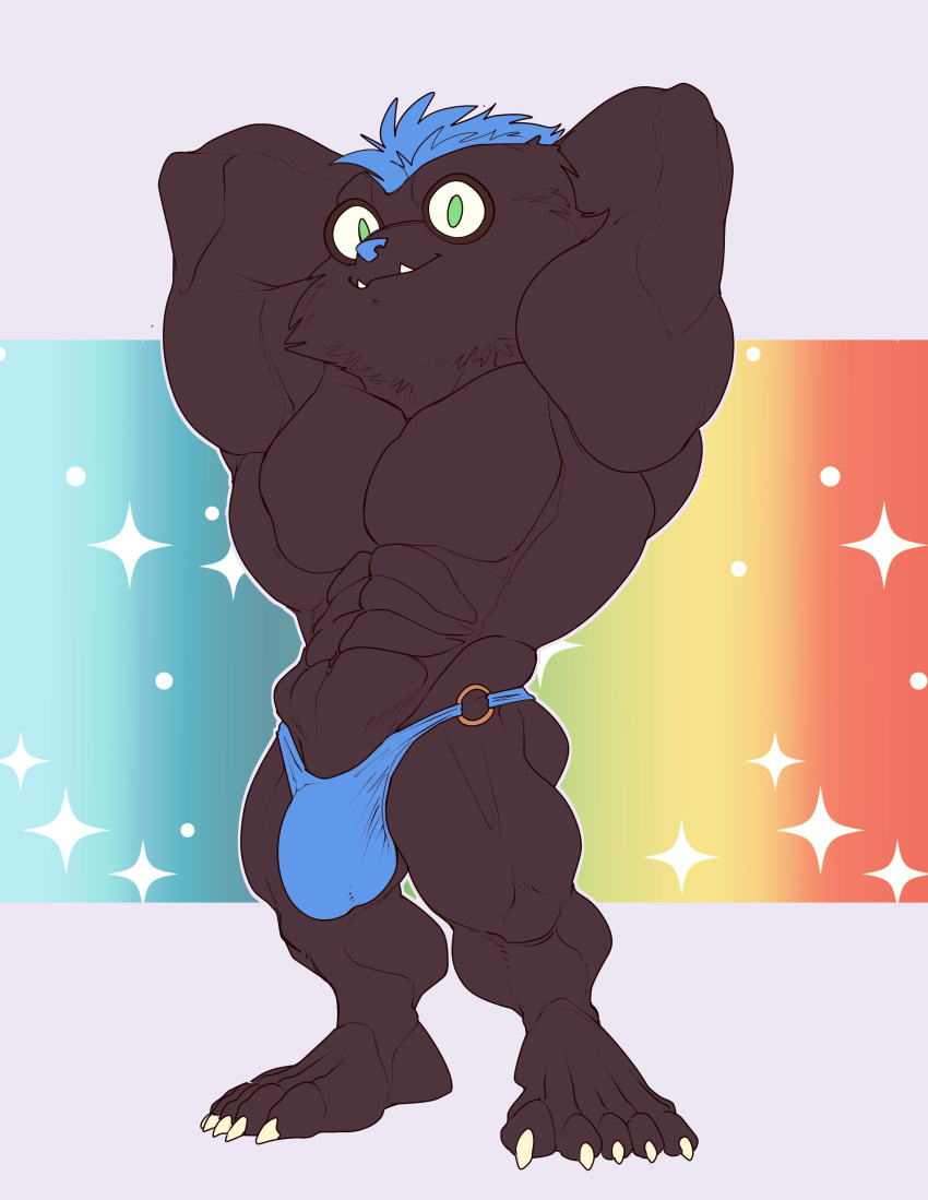 2021 absurd_res belly big_abs big_biceps big_bulge big_deltoids big_eyes big_head big_muscles big_quads black_arms black_belly black_body black_feet black_fur black_head black_legs blue_background blue_clothing blue_hair blue_nose blue_thong blue_underwear bottomwear_ring bristol bulge cheek_tuft claws closed_smile clothed clothing clothing_ring colored deltoids digital_drawing_(artwork) digital_media_(artwork) facial_tuft facing_viewer fangs flat_colors full-length_portrait fur gold_(metal) gold_jewelry gold_ring green_background green_eyes hair hands_behind_head hi_res huge_abs huge_muscles huge_pecs jewelry looking_at_viewer male mammal muscular navel obliques orange_background plantigrade portrait quads raised_arms serratus short simple_background skimpy solo standing swimwear_ring thong thong_ring three-quarter_view tight_clothing toony topless_anthro topless_male triceps tuft underwear white_background white_claws yellow_background