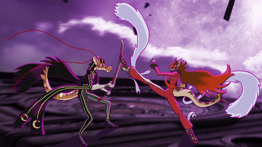 16:9 anthro bayonetta bayonetta_(character) clothed clothing dragon dregadude duo fan_character female fight fin gun hair hi_res high_heels holding_object holding_sword holding_weapon jeanne_(disambiguation) jewelry katana kick long_hair melee_weapon on_one_leg photo_background ranged_weapon smile spiked_tail spikes spikes_(anatomy) standing sword video_games weapon widescreen