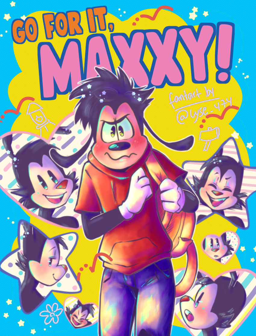 &lt;3 animaniacs anthro backpack blush blushing_profusely canid canine canis clothed clothing disney domestic_dog duo eyes_closed flower gloves goof_troop handwear happy hi_res inkblot lyse_474 male male/male mammal max_goof nervous parody plant smile star warner_brothers yakko_warner