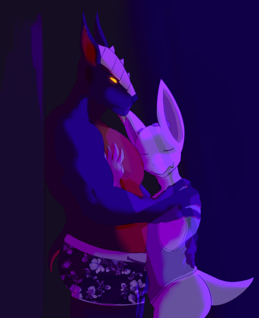 anthro bone bottomless canid canid_demon claws clothed clothing decibel_(himeros) demon dragon dramatic_lighting duo embracing_another eyes_closed glowing glowing_eyes hellhound hi_res himerosthegod hug male male/male mammal night purple_light simple_background size_difference topless_male valigar_(himeros)