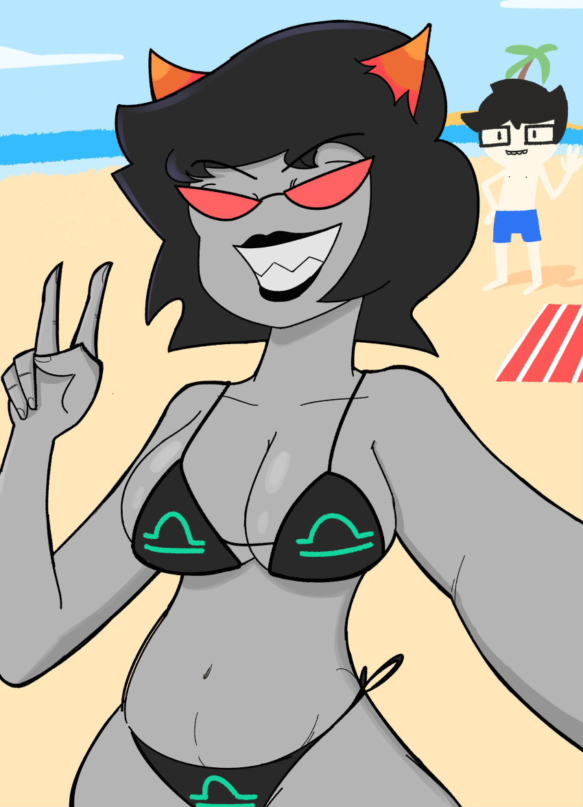 absurd_res alien beach big_breasts bikini breasts cleavage clothed clothing duo eyewear female gesture glasses grin hi_res homestuck horn human humanoid john_egbert looking_at_viewer male mammal moxydamon ms_paint_adventures not_furry outside seaside selfie sharp_teeth smile swimwear teeth terezi_pyrope troll_(homestuck) v_sign webcomic