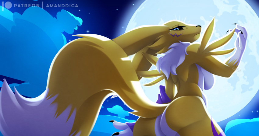amanddica anthro armwear bandai_namco blue_eyes breasts bridal_gauntlets butt clothing detailed_background digimon digimon_(species) female fur hi_res looking_at_viewer looking_back moon night nude outside rear_view renamon side_boob solo standing white_body white_fur yellow_body yellow_fur