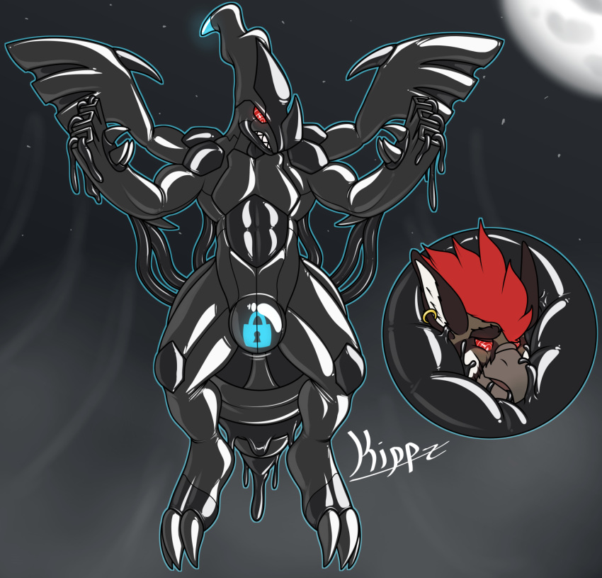 2021 3_toes abs anthro avian beak black_body bound claws digital_drawing_(artwork) digital_media_(artwork) ear_piercing ear_ring encasement feet glistening glowing goo_creature gryphon hair hi_res hypnosis kippz legendary_pok&eacute;mon lock lock_bulge lock_symbol male maned_gryphon mind_control moon muscular mythological_avian mythology nintendo null_bulge piercing pok&eacute;mon pok&eacute;mon_(species) red_eyes red_hair ringed_eyes rubber simple_background teebs toe_claws toes video_games wings zekrom