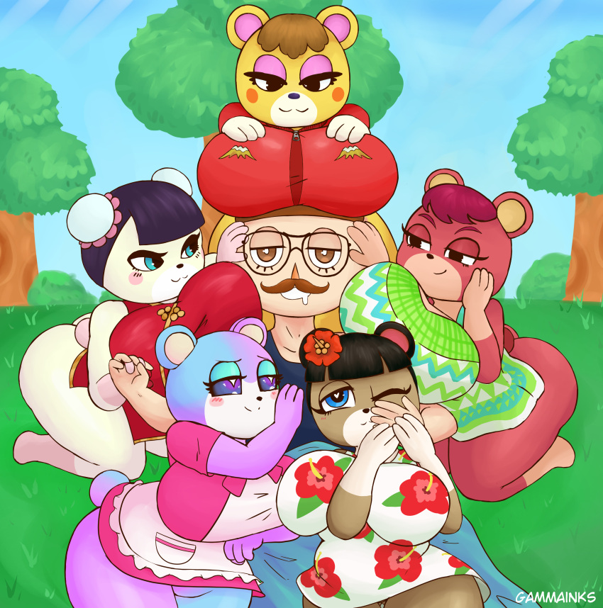 &lt;3 &lt;3_eyes :3 absurd_res animal_crossing anthro big_breasts bodily_fluids boob_hat breasts cheri_(animal_crossing) clothed clothing drooling eyewear facial_hair female gammainks glasses group hand_on_head hi_res huge_breasts human judy_(animal_crossing) june_(animal_crossing) male mammal mustache nintendo pekoe_(animal_crossing) saliva smile surrounded tammy_(animal_crossing) ursid video_games villager_(animal_crossing)