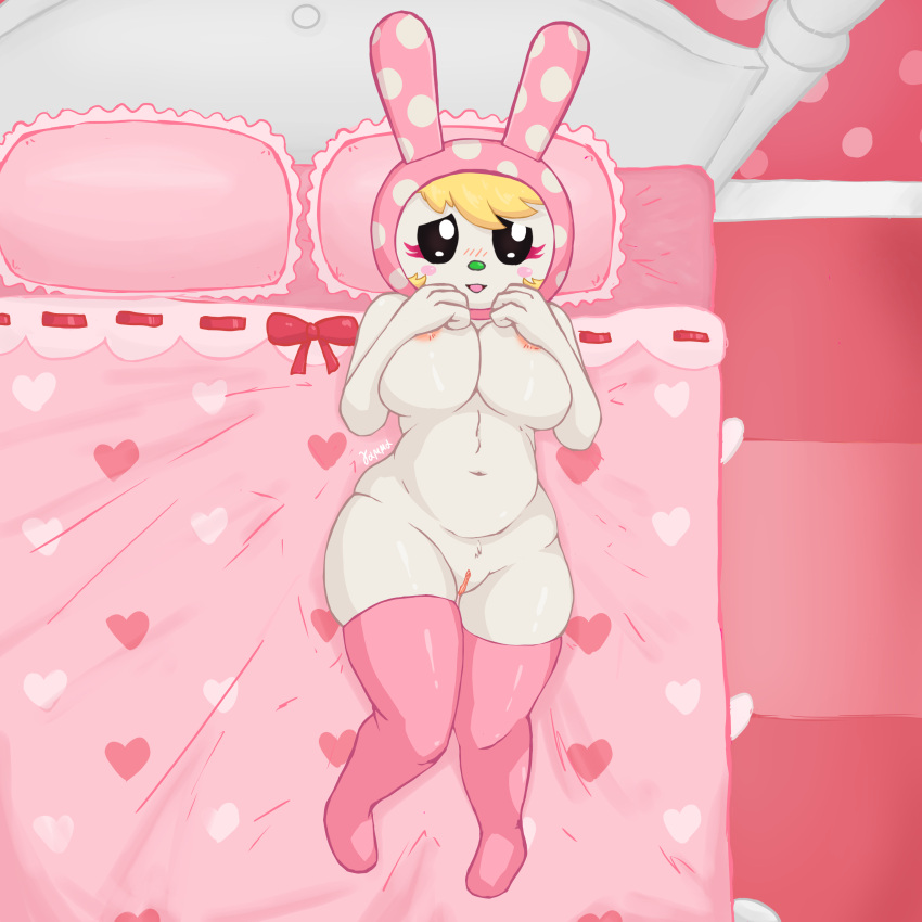 1:1 absurd_res animal_crossing anthro bed big_breasts blush bottomless breasts chrissy_(animal_crossing) clothed clothing covering covering_breasts female furniture gammainks genitals hi_res hood lagomorph legwear leporid looking_at_viewer mammal nintendo on_bed pussy rabbit solo thigh_highs topless video_games