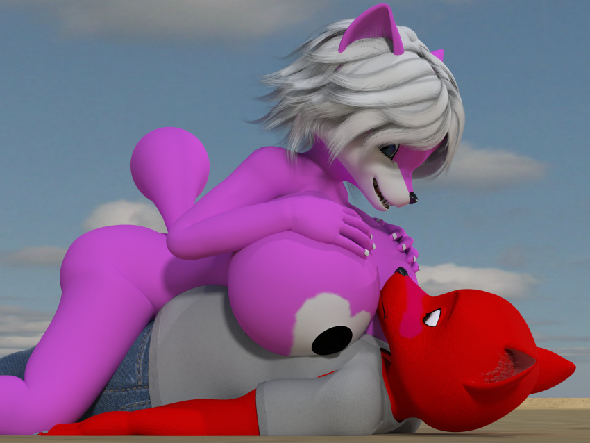 &lt;3 &lt;3_marking 3d_(artwork) 4:3 anthro big_breasts black_nipples blue_eyes blush breasts canid canine canis cloud digital_media_(artwork) duo female fox fur grin hair hi_res huge_breasts lying male male/female mammal nipples on_back pink_body pink_fur pounced red_body red_fur smile themeshow101 white_hair wolf yuni_hermit