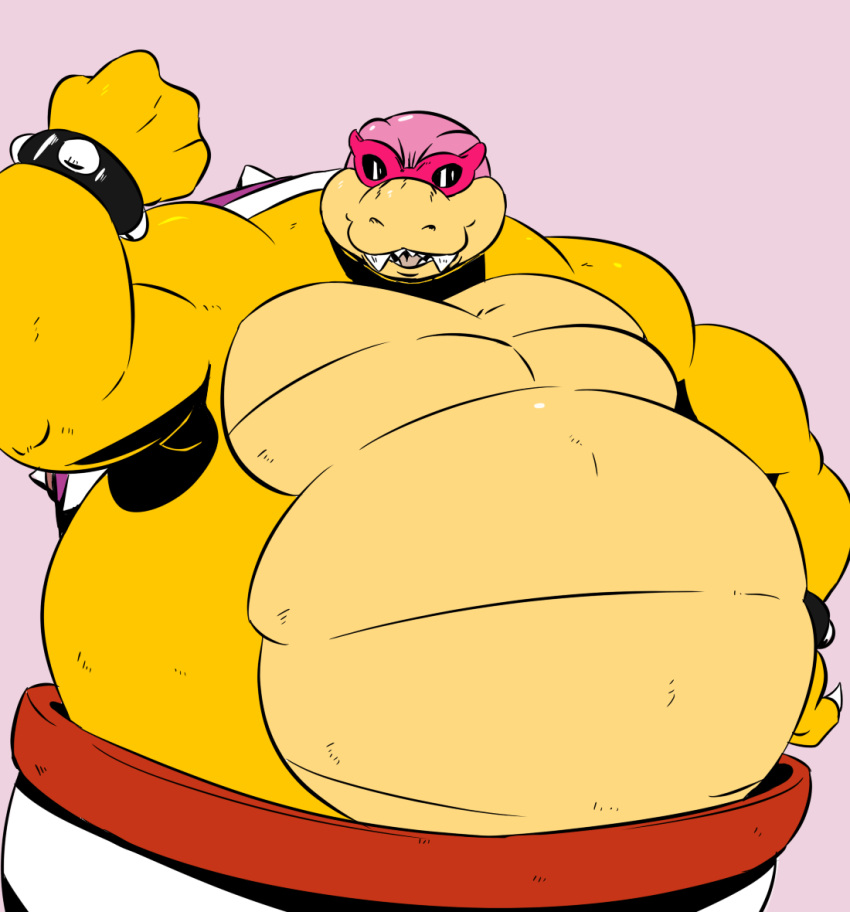 anthro bald belly biceps big_belly bracelet eyewear jewelry koopa koopa_clown_car koopaling male mario_bros morbidly_obese nintendo obese overweight pecs reagan700 roy_koopa scalie simple_background smile smirk solo spiked_bracelet spikes sunglasses video_games