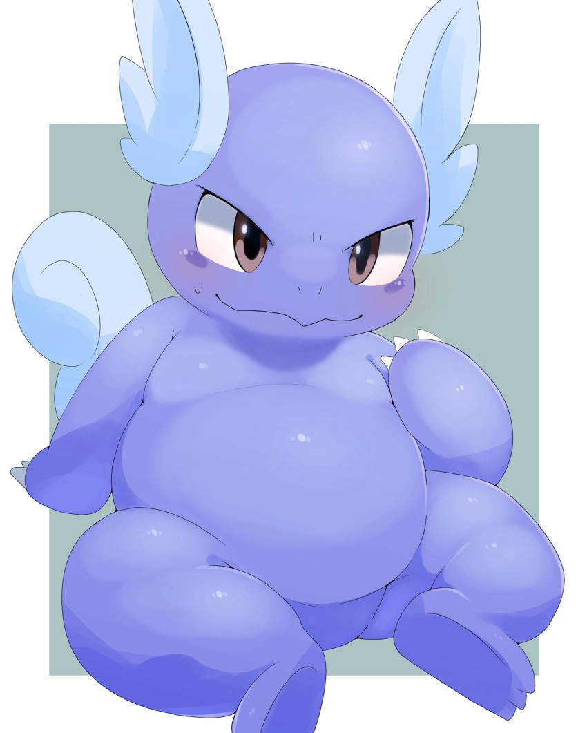 anthro belly blue_body blush dorobo_39 featureless_crotch fupa hi_res looking_at_viewer naughty_face nintendo nude overweight pok&eacute;mon pok&eacute;mon_(species) reptile scalie sitting solo turtle video_games wartortle