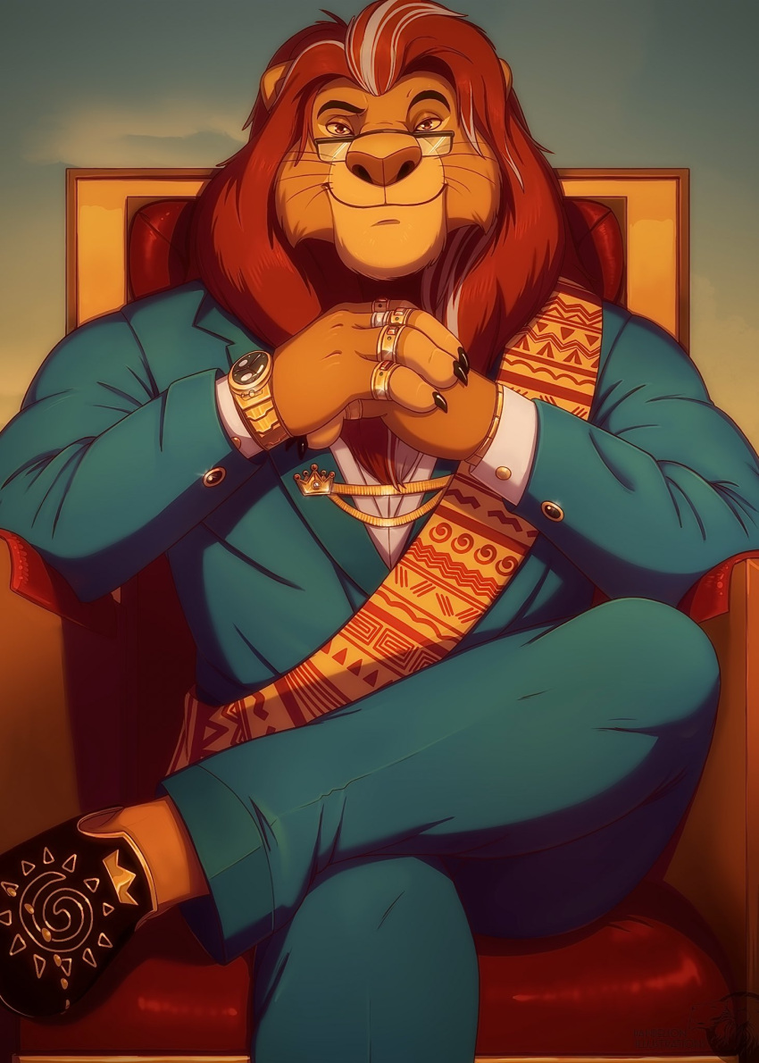 2020 anthro anthrofied blue_suit chair claws clock clothed clothing cuff_links digit_ring disney eyebrows eyewear facial_hair felid fully_clothed fur furniture glasses grey_hair hair hi_res jewelry knuxlight lion looking_at_viewer male mammal mane mature_anthro mature_male mufasa muscular muscular_anthro muscular_male orange_body orange_fur pantherine pink_nose raised_eyebrow ring sash sitting slippers smile solo suit suit_jacket the_lion_king throne watch yellow_eyes