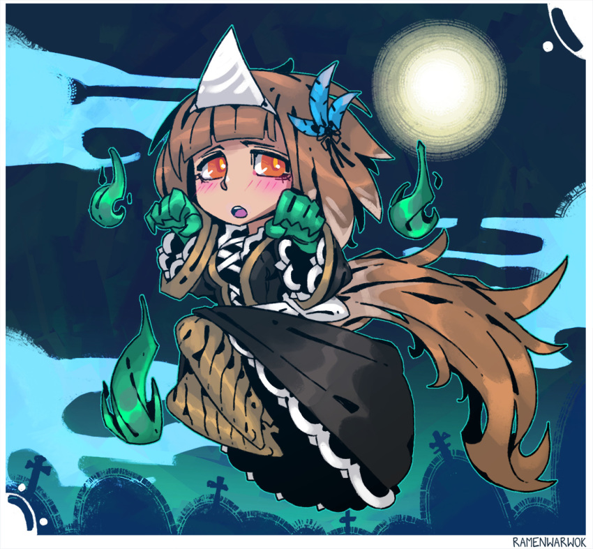 animal_ears bangs black_dress blunt_bangs blush brown_hair claws commentary dog_ears dress english_commentary feathers floating ghost hair_feathers hitodama kikimora_(monster_girl_encyclopedia) long_dress looking_at_viewer monster_girl monster_girl_encyclopedia open_mouth orange_eyes ramenwarwok short_hair smile solo tombstone triangular_headpiece