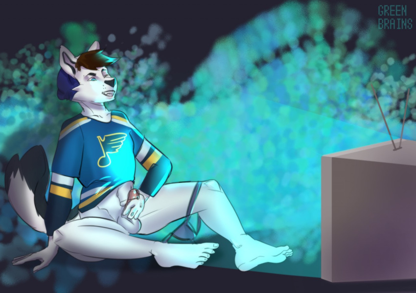 anthro canid canine clothing fox greenbrains jockstrap male mammal maple_(heyymaple) marble_fox masturbation red_fox solo st_louis_blues_(nhl) underwear watching_tv