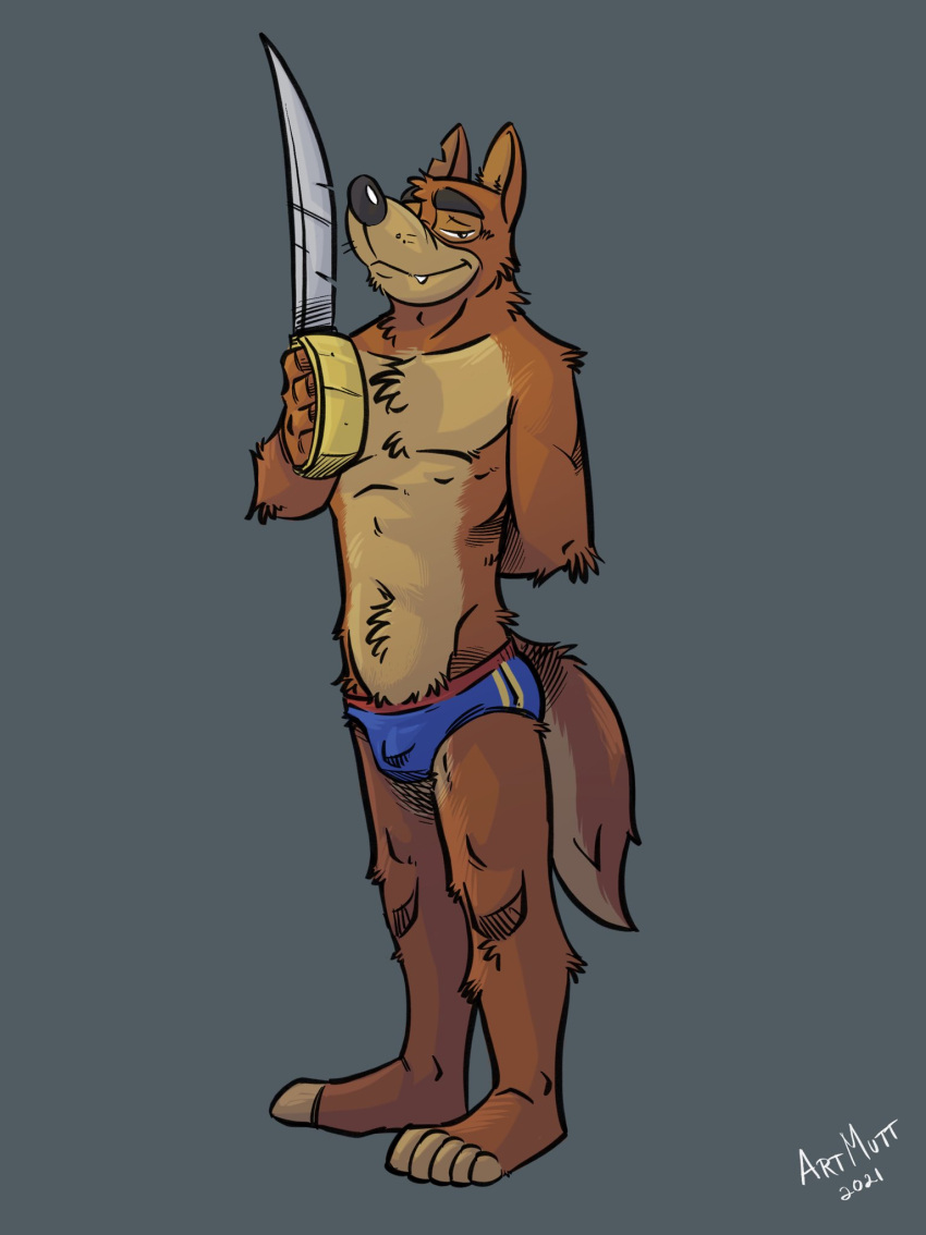 2021 anthro blue_speedo brown_body brown_fur bulge canid canine canis clothed clothing cute_fangs disney don_karnage fur grey_background hand_behind_back hi_res holding_object holding_sword holding_weapon k-9 looking_at_viewer male mammal melee_weapon multicolored_body multicolored_fur notched_ear plantigrade simple_background smile solo speedo standing swimwear sword talespin tan_body tan_fur topless two_tone_body two_tone_fur weapon wolf