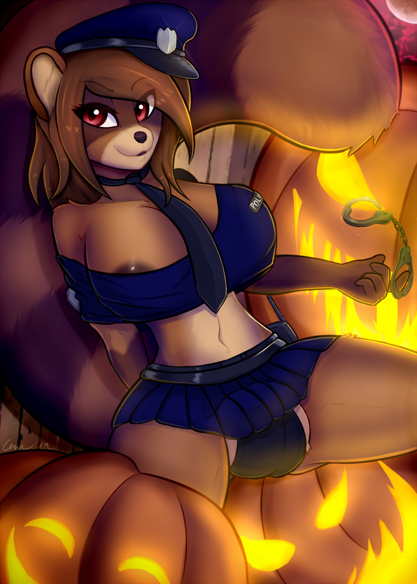 2019 5_fingers anthro areola areola_slip balls balls_in_underwear big_breasts bottomwear breasts brown_hair bulge canid canine clothing digital_media_(artwork) fingers genitals gynomorph hair handcuffs hi_res intersex jack-o'-lantern kiro_(tits) kui-tan looking_at_viewer mammal necktie police police_hat police_uniform raccoon_dog shackles skirt smile solo son237_(artist) tanuki topwear trials_in_tainted_space underwear uniform