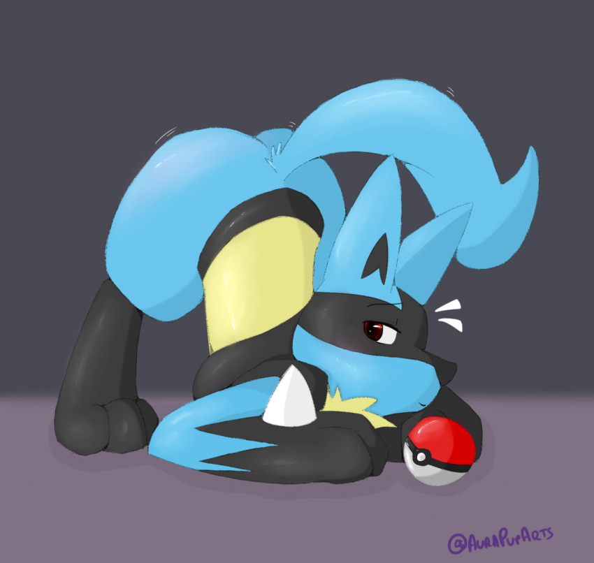 3_toes ambiguous_gender anthro ass_up black_body black_fur blue_body blue_fur butt canid canine feet fur hi_res jack-o'_pose lucario mammal morgenergy nintendo pok&eacute;ball pok&eacute;mon pok&eacute;mon_(species) pose raised_tail red_eyes simple_background solo toes video_games yellow_body yellow_fur