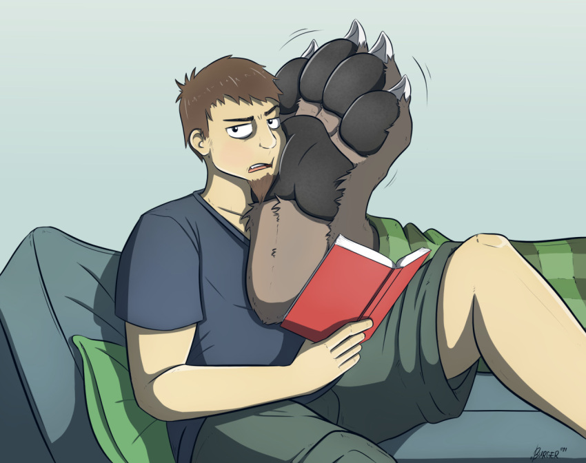 anthro book bottomwear burgerraccoon canid canine claws clothing duo feet foot_focus foot_on_face hindpaw human large_pawpads large_paws male male/male mammal pants paw_on_face pawpads paws pillow plantigrade reading shirt shorts sitting topwear unknown_species