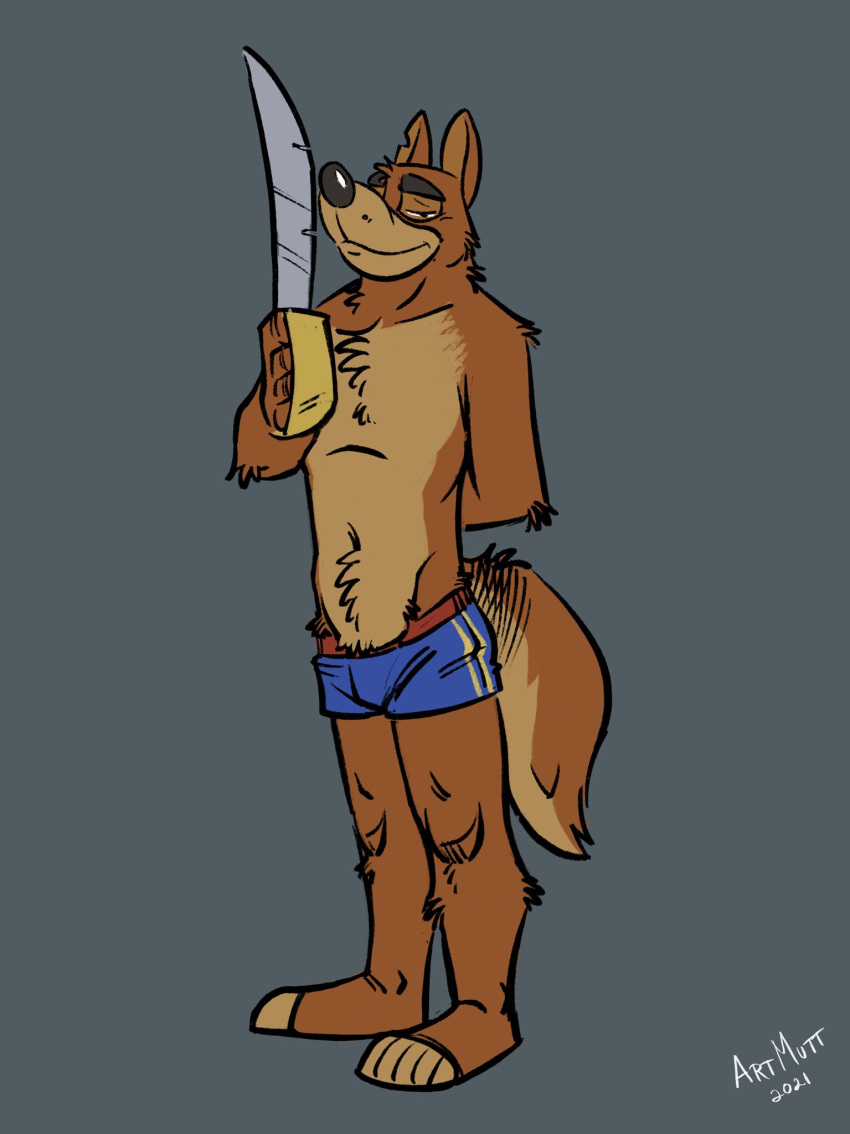 2021 anthro barefoot blue_swimming_trunks brown_body brown_fur canid canine canis clothed clothing disney don_karnage feet fur grey_background hand_behind_back hi_res holding_object holding_sword holding_weapon k-9 looking_at_viewer male mammal melee_weapon multicolored_body multicolored_fur notched_ear plantigrade shorts_only simple_background smile solo standing swimming_trunks swimwear sword talespin tan_body tan_fur topless two_tone_body two_tone_fur weapon wolf