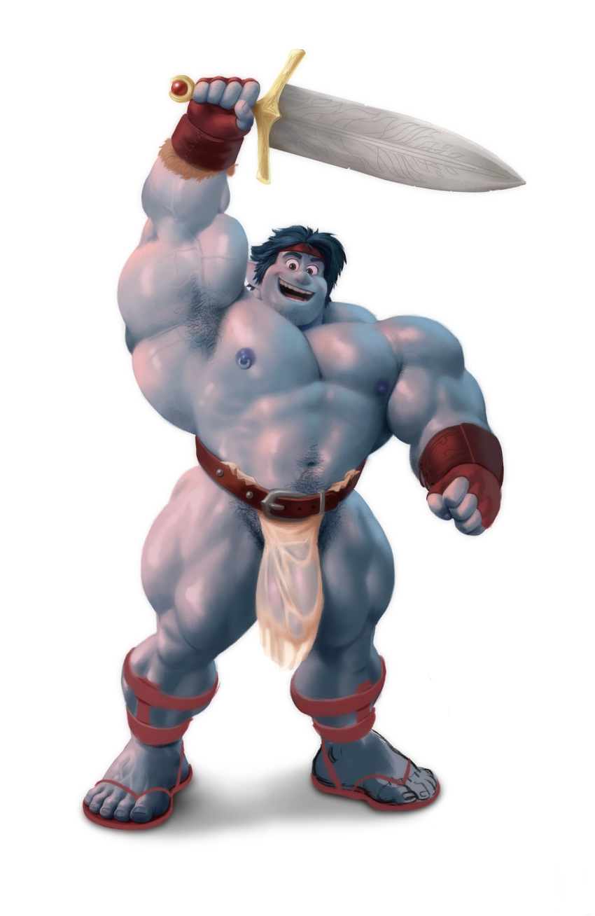 5_fingers 5_toes abs absurd_res accessory anthro armpit_hair balls barley_lightfoot beard belt biceps big_balls big_muscles big_penis blue_body blue_hair blue_skin body_hair bottomwear brown_eyes clothing detailed disney elf facial_hair feet fingernails fingers footwear genitals glistening glistening_body hair hairy happy_trail headband hi_res holding_object holding_weapon huge_balls huge_muscles huge_penis huge_thighs humanoid humanoid_genitalia humanoid_penis humanoid_pointy_ears loincloth loincloth_only male melee_weapon muscular muscular_anthro muscular_male muscular_thighs nails navel nipple_piercing nipples not_furry onward open_mouth open_smile pecs penis piercing pixar pubes quads raised_weapon sandals shoegaze. simple_background smile solo standing sword teeth thick_thighs toenails toes translucent translucent_clothing vein veiny_muscles weapon