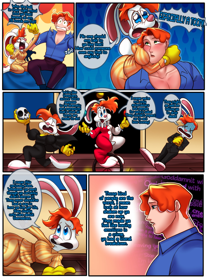 absurd_res anthro bone breasts clothed clothing comic crossgender dialogue disney english_text female ftm_crossgender fur hi_res human jessica_rabbit kneeling lagomorph leporid male male/female mammal memjioof mtf_crossgender rabbit roger_rabbit skull text unicycle white_body white_fur who_framed_roger_rabbit x_eyes