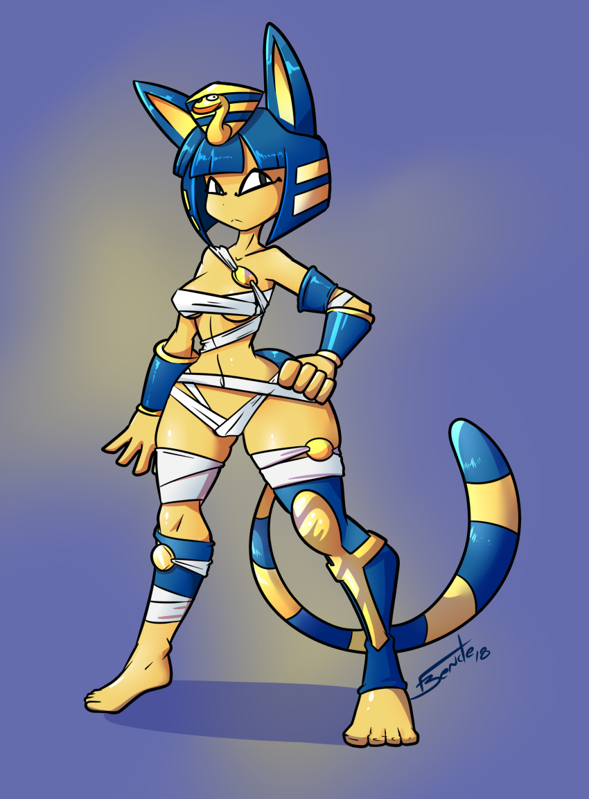 2018 4_toes 5_fingers absurd_res animal_crossing ankha_(animal_crossing) anthro armband bandage biped blue_hair breasts capcom cosplay digital_media_(artwork) domestic_cat dot_eyes egyptian fbende feet felid feline felis female fingers hair hand_on_hip hi_res looking_at_viewer mammal menat_(street_fighter) navel nintendo pose short_hair simple_background solo standing street_fighter striped_tail stripes toes under_boob uraeus video_games