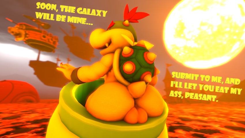 16:9 3d_(artwork) anthro bowser_jr. butt butt_focus cloudy_sky clown_copter dialogue digital_media_(artwork) doommusk hair hi_res koopa male mario_bros nintendo red_hair reptile ring scalie seductive solo source_filmmaker sun video_games widescreen yellow_body yellow_skin young