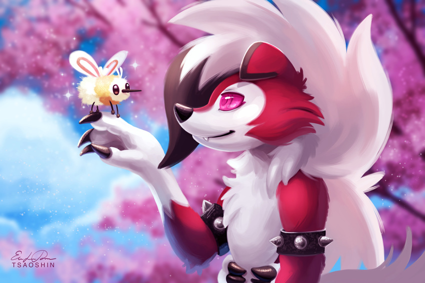 2017 3:2 ambiguous_gender arthropod black_claws black_eyes black_nose canid canine claws cloud collar cutiefly digital_media_(artwork) fangs fingers fur hair insect long_hair lycanroc mammal midnight_lycanroc nintendo plant pok&eacute;mon pok&eacute;mon_(species) red_body red_eyes red_fur signature size_difference sky smile spiked_collar spikes tree tsaoshin video_games white_body white_fur white_hair wings yellow_body yellow_fur