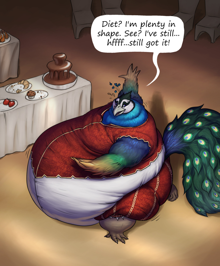 absurd_res anthro avian beak belly belly_jiggle belly_overhang big_belly big_butt biped bird bird_feet blue_body blue_feathers bread butt candy chair chocolate chocolate_fountain classy claws clothed clothing croissant dessert detailed_background dialogue english_text feather_hands feathers food fountain fruit fully_clothed furniture galliform green_body green_feathers hi_res huge_thighs inside male morbidly_obese morbidly_obese_anthro morbidly_obese_male motion_lines muffin multicolored_body multicolored_feathers obese obese_anthro obese_male open_beak open_mouth overweight overweight_anthro overweight_male peafowl percival_crestfeather phasianid plant solo speech_bubble strawberry sugarboy talons text thick_thighs walking white_body white_feathers wide_hips