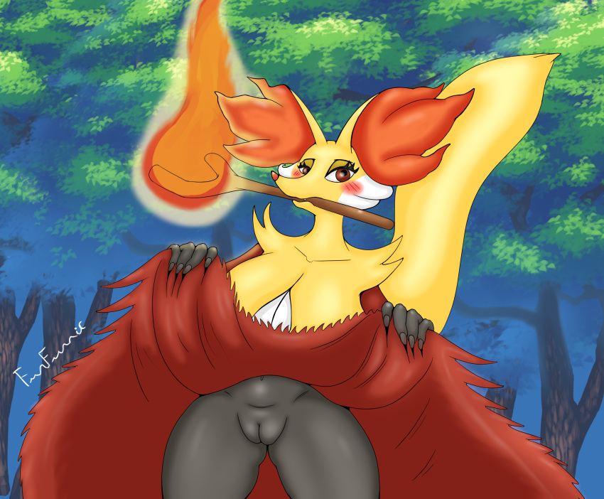anthro blush breasts canid delphox english_text female fire furfurric genitals hi_res mammal navel nintendo pok&eacute;mon pok&eacute;mon_(species) pussy signature solo stick text video_games