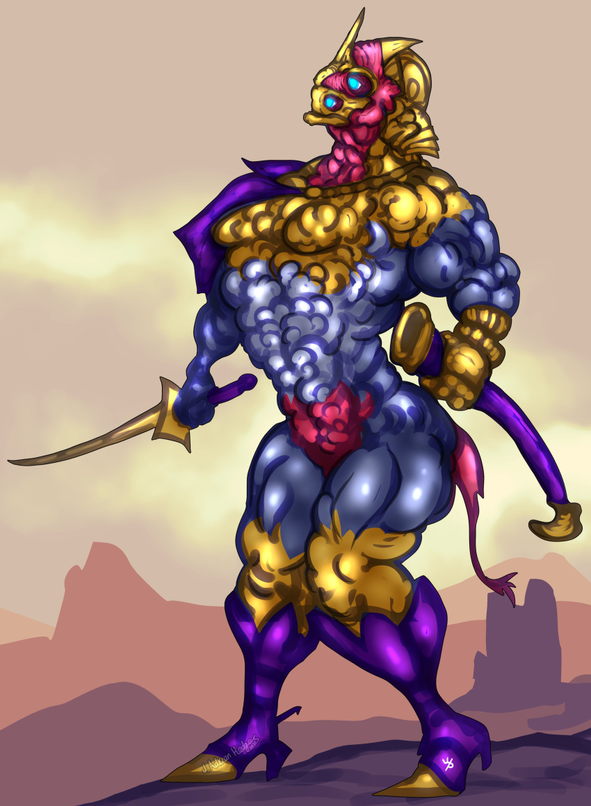 2021 absurd_res ambiguous_gender anthro armor blue_eyes chameleon clothed clothing colored detailed digital_drawing_(artwork) digital_media_(artwork) glowing glowing_eyes headgear helmet hi_res knight lizard melee_weapon monster multi_eye muscular muscular_ambiguous muscular_anthro muscular_thighs outside plate_armor reptile scabbard scalie shaded signature simple_background solo standing sword thick_thighs warrior watermark weapon wittless-pilgrim