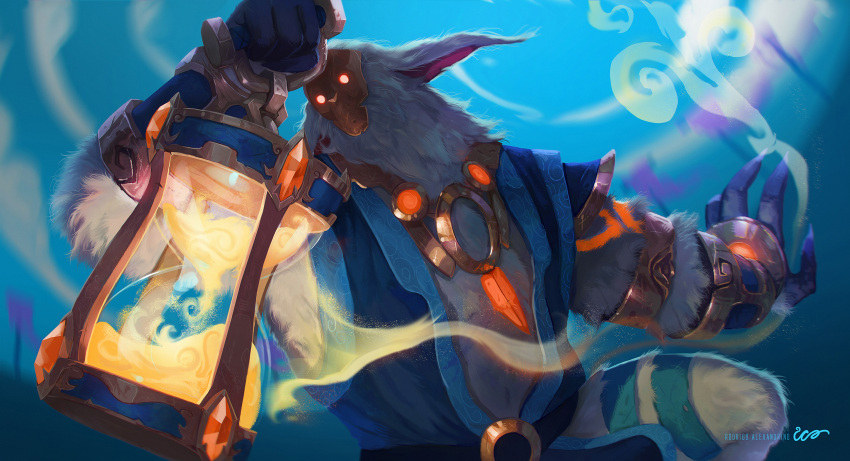 2018 4_fingers arm_tuft battlerite belt big_ears black_claws blue_clothing blue_theme blue_topwear blurred_background claws clothed clothing colored day detailed detailed_background digital_media_(artwork) digital_painting_(artwork) ear_tuft facing_viewer fingers fur glowing glowing_eyes gold_(metal) gold_ring half-length_portrait hi_res holding_object hourglass_(disambiguation) humanoid_hands jewelry leg_tuft light male mammal mask navel neck_tuft necklace no_pupils oldur outside pilosan portrait realistic realistic_fur red_eyes rodrigoico sand shaded signature sloth solo standing stunlock_studios three-quarter_view topwear tuft video_games white_body white_fur xenarthran