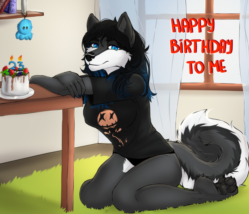 5_fingers anthro black_hair blue_eyes breasts canid canine canis clothed clothing digital_media_(artwork) domestic_dog eyebrows eyelashes female fingers fur grey_body grey_fur hair husky kaiotawolf kneeling looking_at_viewer mammal nordic_sled_dog shaded smile solo spitz