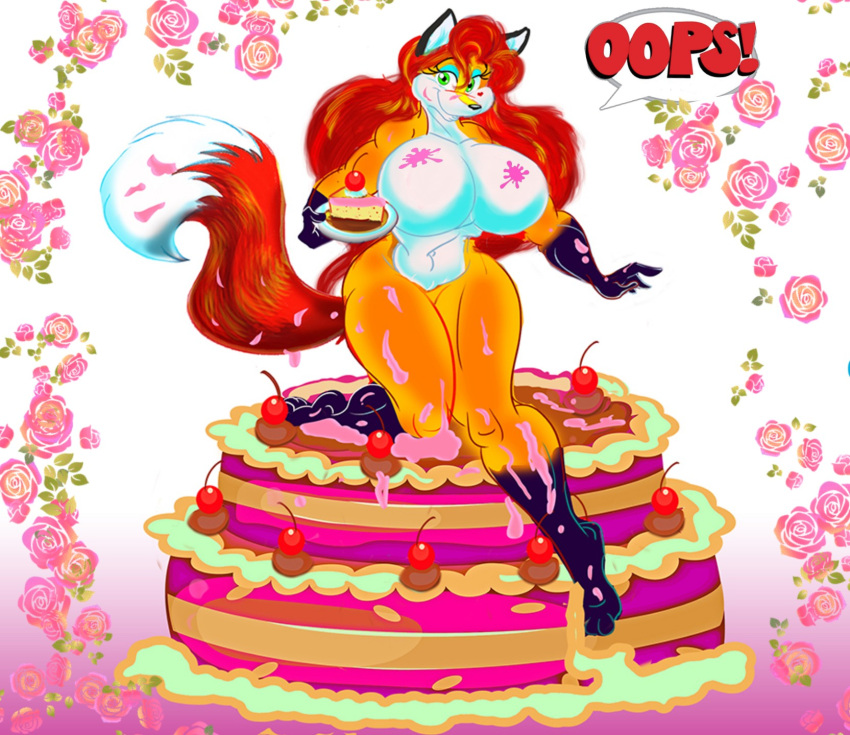 anthro aurora_spencer big_breasts breasts cake canid canine cherry dessert female flower food fox frosting fruit green_eyes hair hi_res holding_cake holding_food holding_object looking_at_viewer mammal muscular muscular_anthro muscular_female navel nude plant plate red_fox red_hair rose_(flower) smile solo speech_bubble superbabsy123 thick_thighs wide_hips