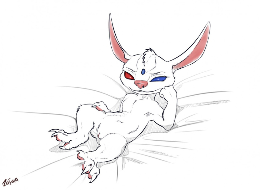 2020 alien bedding bedding_background blue_eyes claws disney draw_me_like_one_of_your_french_girls empty_eyes experiment_(lilo_and_stitch) fan_character fate_(zafara) female flat_chested forehead_gem fur genitals head_tuft heterochromia lilo_and_stitch lying meme on_back pawpads pink_nose pink_pawpads pussy red_eyes simple_background smile smirk solo toe_claws tuft white_background white_body white_fur zafara_(artist)