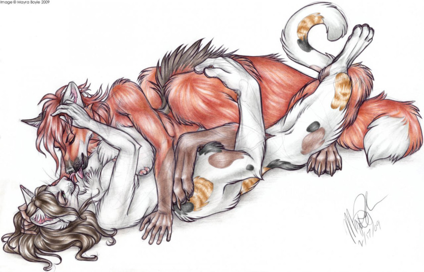 2009 breasts brown_hair canid canid_taur canine canine_taur chakat chakat_browneyes dipstick_tail duo eyes_closed felid felid_taur female female/female fox fox_taur fur hair herm_(lore) mammal mammal_taur mayra_boyle multicolored_tail nipples orange_body orange_fur red_hair sex simple_background taur taur_on_taur tongue tongue_out whiskers white_background