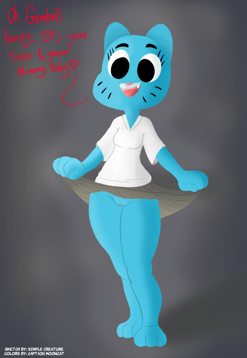 3_toes alternate_version_at_source anthro barefoot blue_body blue_fur bottomwear captain_mooncat cartoon_network clothed clothing clothing_lift colored dialogue domestic_cat english_text feet felid feline felis female female_focus fur genitals happy hi_res implied_incest incest_(lore) mammal mature_anthro mature_female mostly_nude mother nicole_watterson no_underwear offscreen_character open_mouth parent pussy simple-creature skirt skirt_lift solo standing text the_amazing_world_of_gumball toes