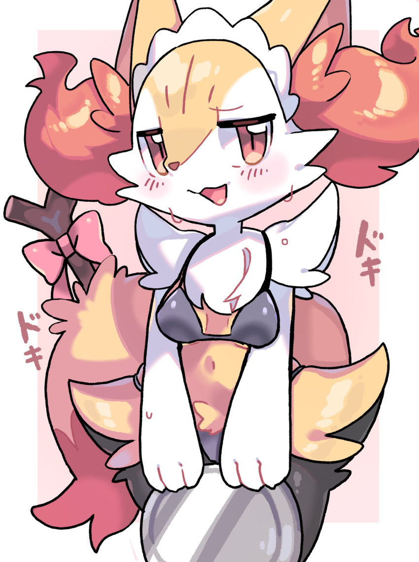 2021 anthro belly bikini black_bikini black_clothing black_swimwear blush bodily_fluids braixen breasts clothed clothing female fur half-closed_eyes hi_res japanese_text kemono looking_at_viewer narrowed_eyes nervous nintendo open_mouth open_smile pink_ribbon pok&eacute;mon pok&eacute;mon_(species) small_breasts smile snout solo standing sweat sweatdrop swimwear text umoumoufuton video_games