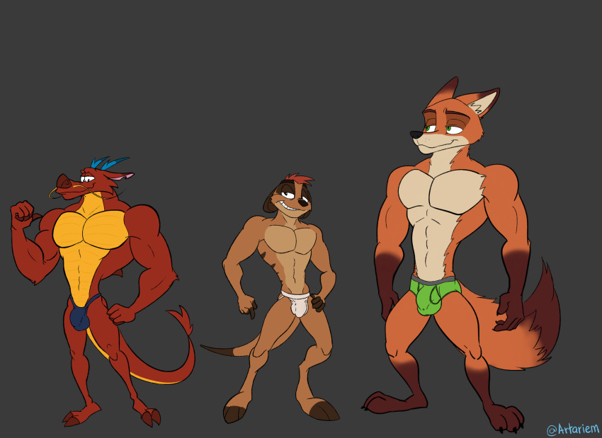 abs anthro artariem asian_mythology balls_outline biceps briefs bulge canid canine clothed clothing detailed_bulge disney dragon east_asian_mythology eastern_dragon fox genital_outline group herpestid hi_res jockstrap male mammal meerkat mulan_(1998) muscular muscular_male mushu_(disney) mythology nick_wilde pecs penis_outline the_lion_king thong timon topless underwear zootopia