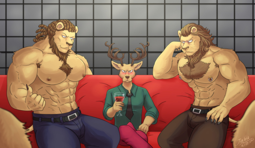 2021 abs absurd_res alcohol anthro antlers armpit_hair barazoku beastars belt beverage big_muscles blush body_hair bottomwear cervid chest_hair claws clothed clothing denim denim_clothing dolph_(beastars) dreadlocks dress_shirt erection erection_under_clothing felid flustered furniture group hair happy_trail hi_res holding_glass holding_object horn inside jabuhusky jeans lion looking_at_another louis_(beastars) male mammal mane miguel_(beastars) muscular muscular_anthro muscular_male narrowed_eyes navel necktie nipple_piercing nipple_ring nipples obliques on_sofa pantherine pants pecs piercing pubes shirt sitting size_difference sofa tenting topless topless_male topwear trio_focus wine wine_glass