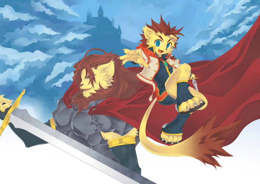 4_toes 5_fingers absurd_res anthro armor bolo_tie bottomwear brown_body brown_fur brown_hair cape castle claws clothed clothing dakuten duo feet felid fingers footwear fully_clothed fur hair hi_res holding_object holding_sword holding_weapon jacket junior_(dakuten) kemono lion long_hair long_tail male mammal melee_weapon multicolored_body multicolored_fur open_mouth open_smile pantherine shorts sky smile sword tail_tuft teal_eyes toeless_footwear toes topwear tuft weapon yellow_body yellow_fur young