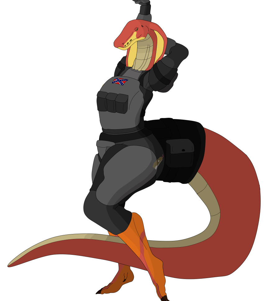 absurd_res alpha_channel anthro armor body_armor clothed clothing cobra confederate_flag female hi_res looking_at_viewer orange_body orange_scales red_body red_scales reptile scales scalie serpentine simple_background smile snake snake_hood solo stretching thegamingzilla yellow_body yellow_scales