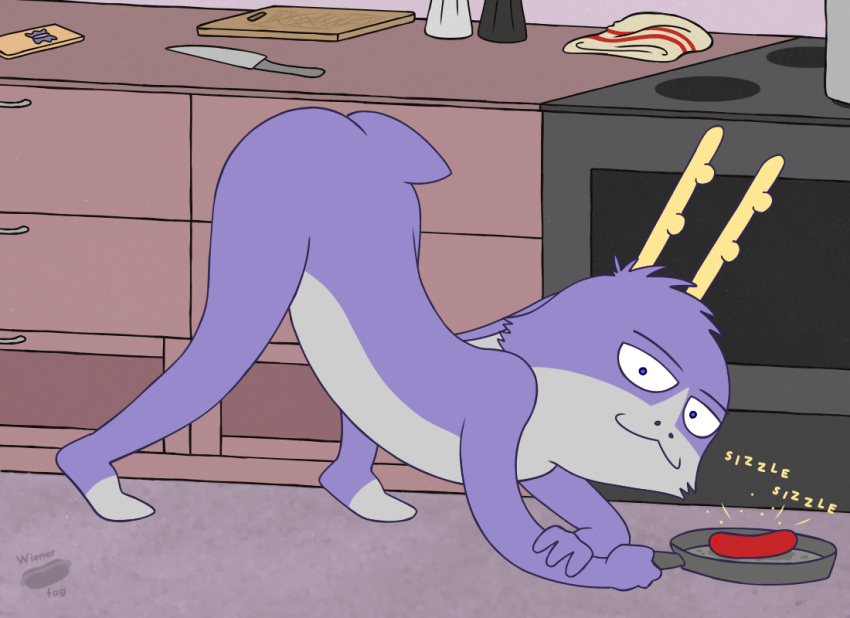 anthro antlers bedfellows bent_over cooking cookware digital_media_(artwork) fatigue food frying_pan fur half-closed_eyes horn jack-o'_pose jackalope kitchen_utensils lagomorph looking_at_viewer male mammal meat multicolored_body multicolored_fur narrowed_eyes pose purple_body purple_fur sausage simple_background smile solo tools two_tone_body two_tone_fur wiener-fag