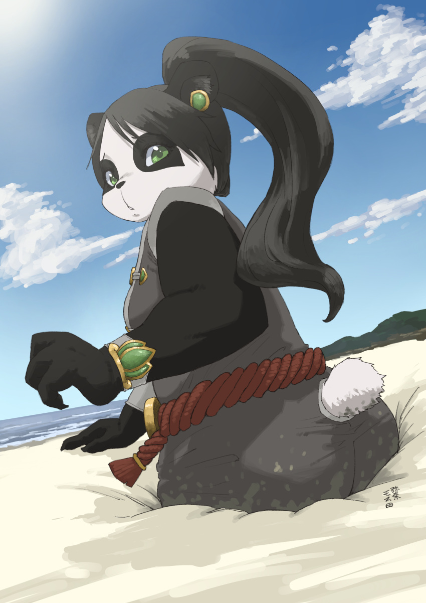 absurd_res anthro armor beach big_butt blizzard_entertainment breasts butt clothing crossgender female hair hi_res liusha_xishou mammal messy mud outside pandaren peril quicksand sand seaside sinking sky slightly_chubby solo stuck thick_thighs ursid video_games warcraft water yanamosuda