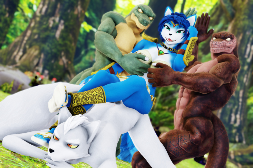 3:2 3d_(artwork) anthro ass_up blue_body blue_fur blue_hair breasts canid canine canis carrying_breast clothed clothing digital_media_(artwork) female fox fur grey_body group hair hi_res holding_breast humiliation jack-o'_pose krystal lizard male malicekira mammal meme muscular muscular_male nintendo nude pose record_of_ragnarok reptile scalie sharpclaw sitting_on_person smile star_fox video_games white_body white_fur wolf wolf_o'donnell