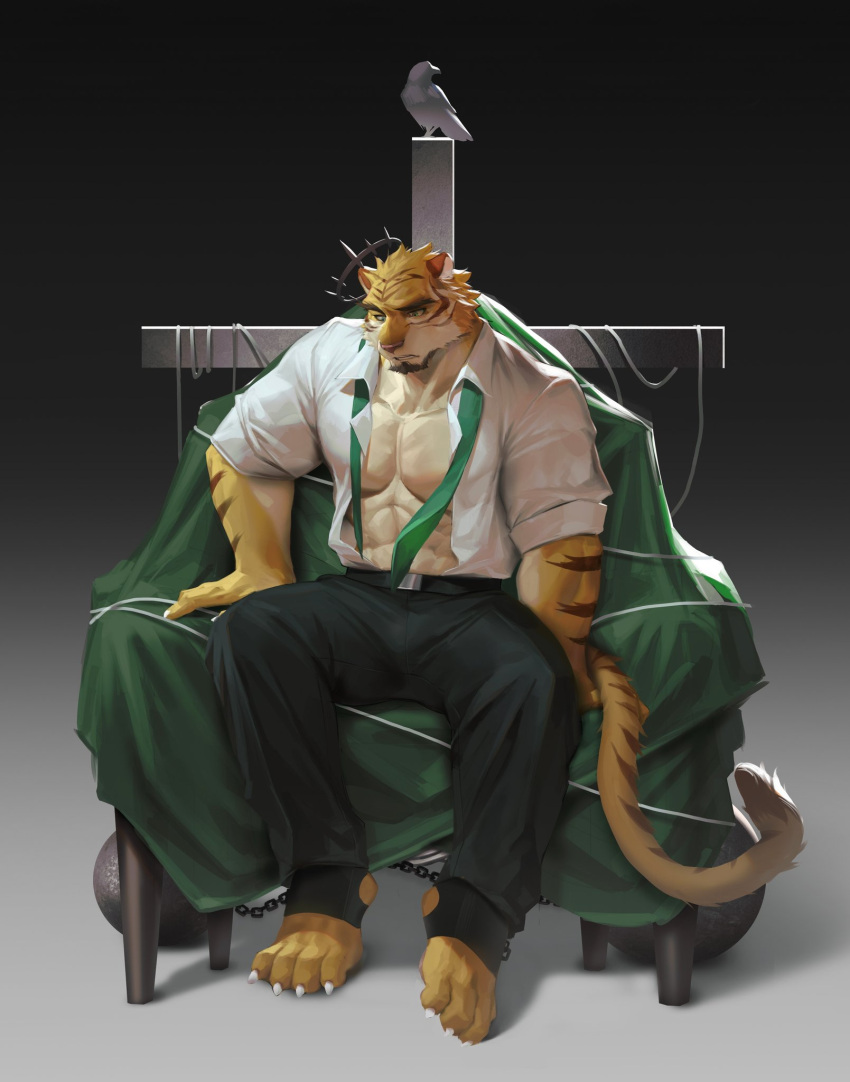 abs anthro clothed clothing digital_media_(artwork) felid fur hair hi_res male mammal muscular muscular_anthro muscular_male pantherine partially_clothed pecs solo stripes tiger wball